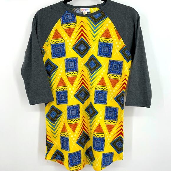 Lularoe Randy Womens Baseball Tee Raglan T Shirt Abstract Geometric Yellow XXS - Picture 8 of 11